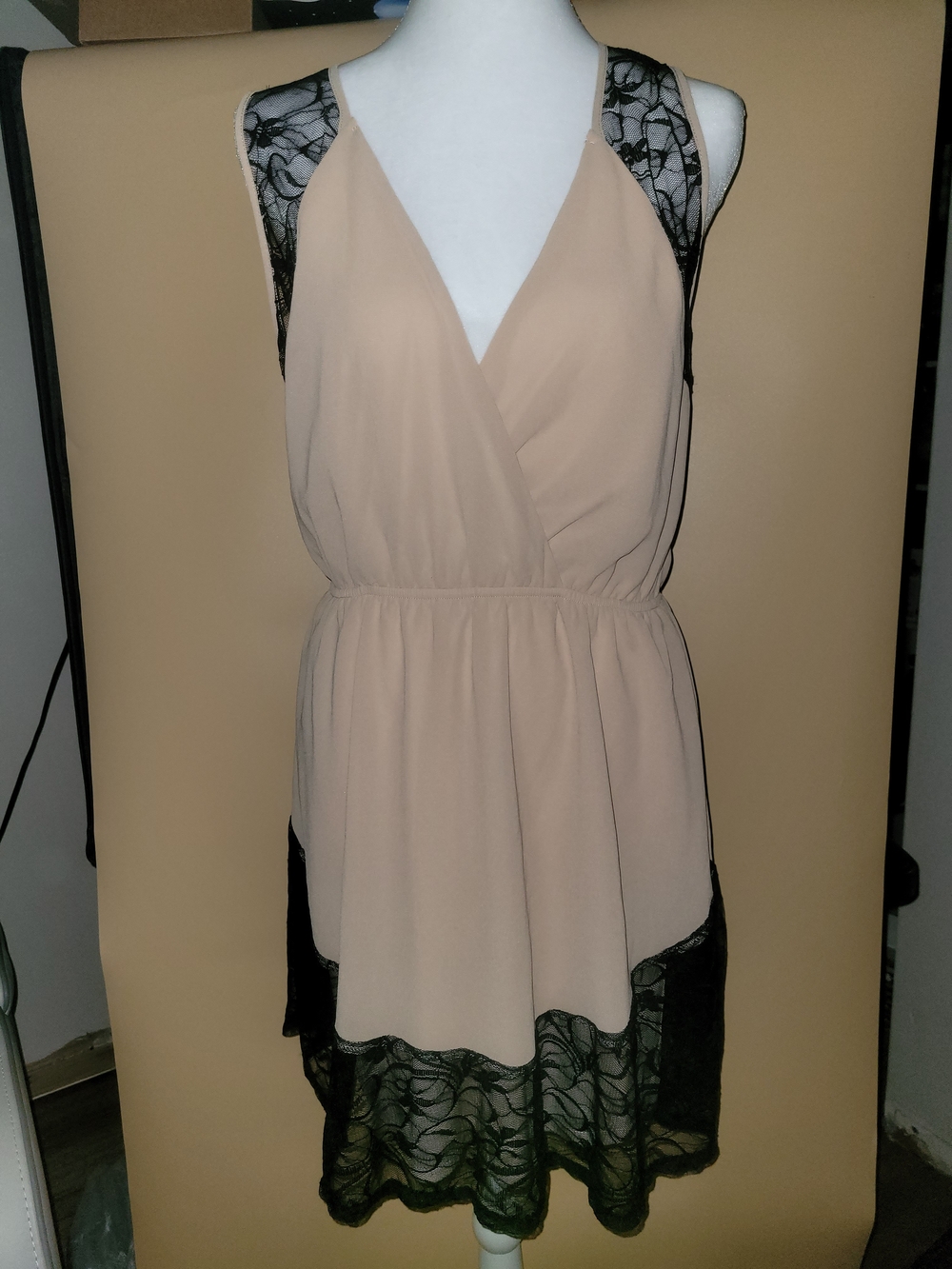 Pink Owl Beige and Black Lace V-Neck Camisole Dress